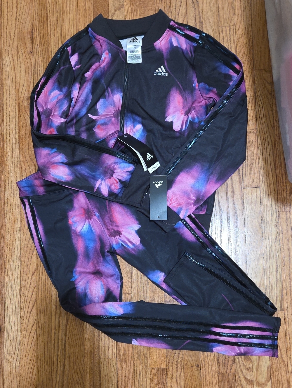 adidas Kids Floral Leggings & Zip Jacket Set - Black with Purple/Pink